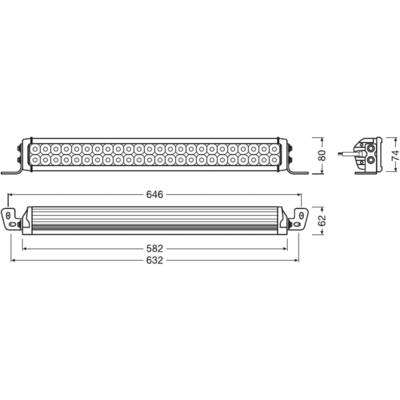 Dessin technique d'une barre lumineuse LED avec dimensions : Longueur 646 mm, Largeur 62 mm, Hauteur 80 mm ; Vue de face, latérale, arrière.