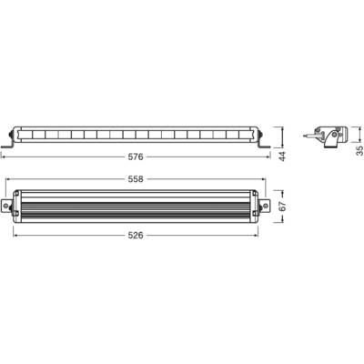Dessin technique d'un éclairage LED rectangulaire avec dimensions : Longueur 576 mm, Hauteur 44 mm, Largeur 67 mm. Vue latérale également présentée.