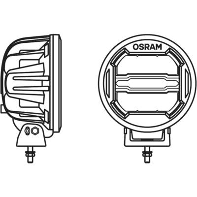Dessin d'un projecteur rond portant l'inscription 'OSRAM', vue latérale et frontale, montrant le design et les éléments de fixation.