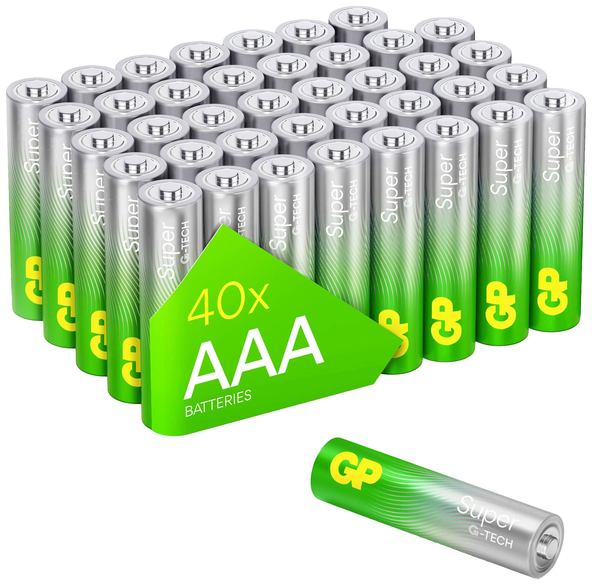 Groupe de piles AA avec étiquette verte '40x AAA Batteries' et logo GP ; une pile unique est au premier plan.