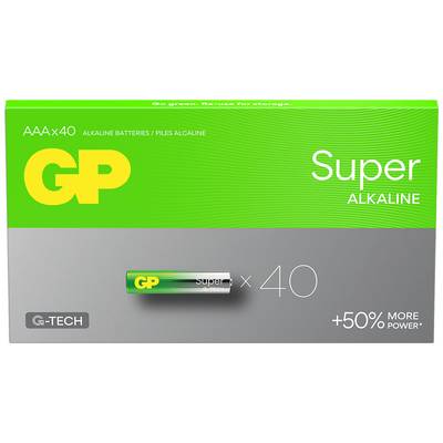Emballage de piles alcalines super GP AAA, 40 pièces, avec indication « +50 % PLUS DE PUISSANCE » et marquage G-TECH.