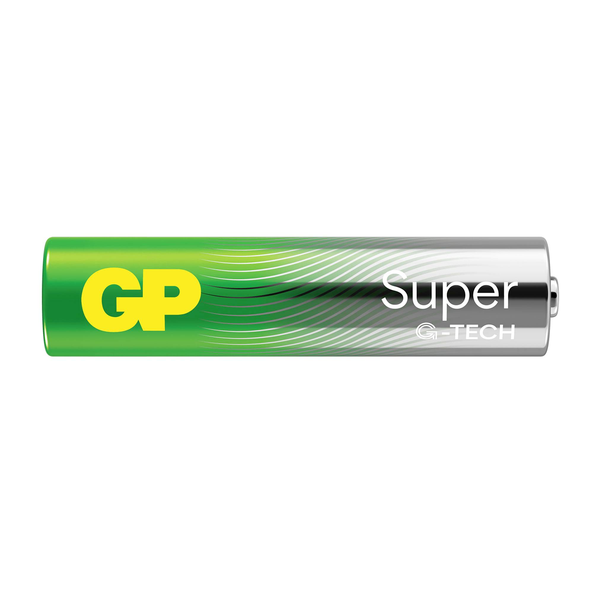 Batterie de marque GP Super G-TECH en vert et argent avec le logo GP jaune.