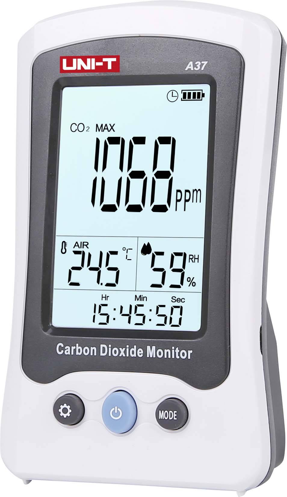 Un moniteur de CO2 affiche 1068 ppm de CO2, 24,5 °C de température et 59 % d'humidité relative. Heure : 15:45:50.