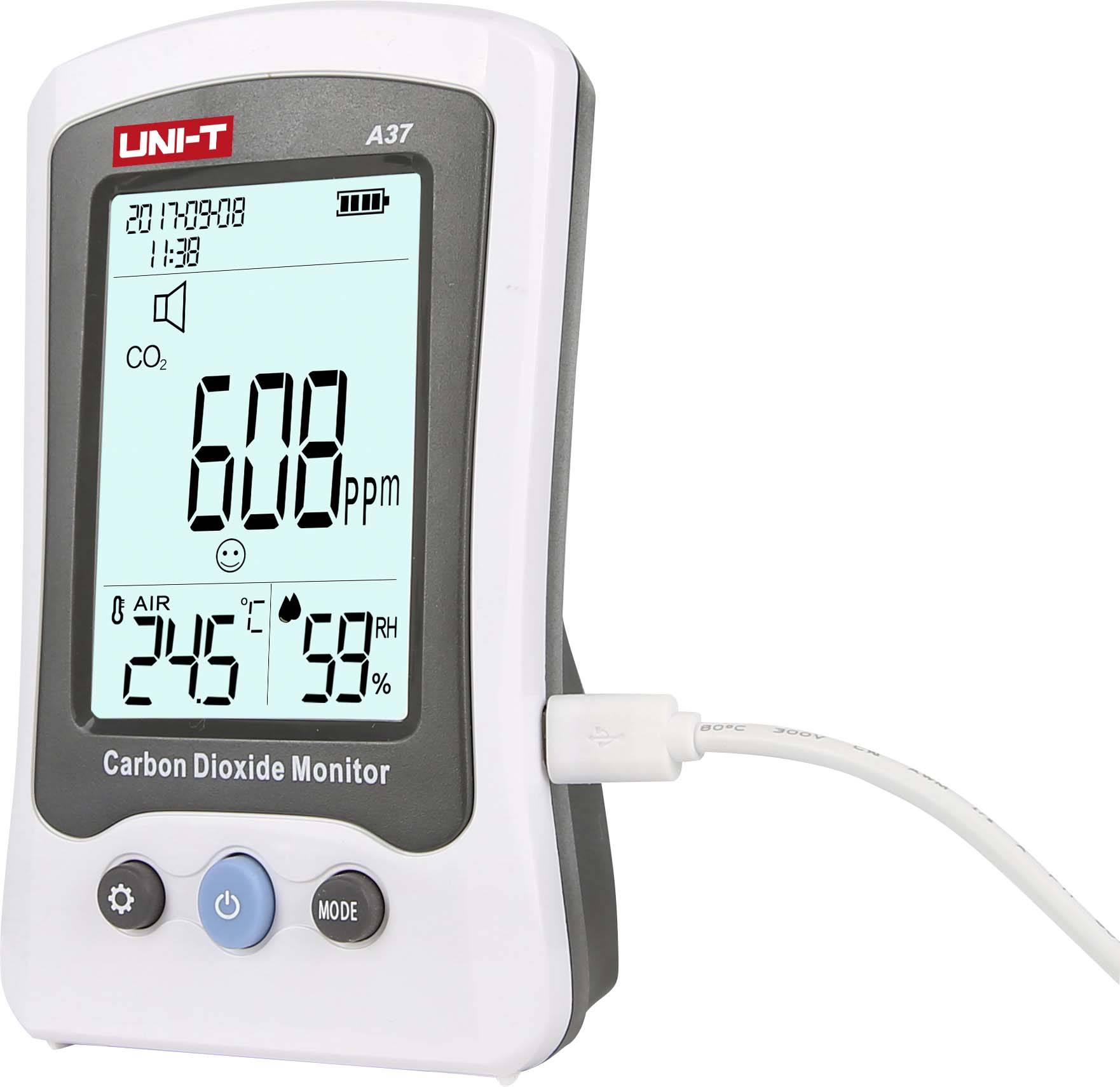 Un moniteur de CO2 affiche un niveau de CO2 de '608 ppm', une température de '24,6°C', et une humidité de l'air de '59%'. Écran rétroéclairé avec câble de connexion.