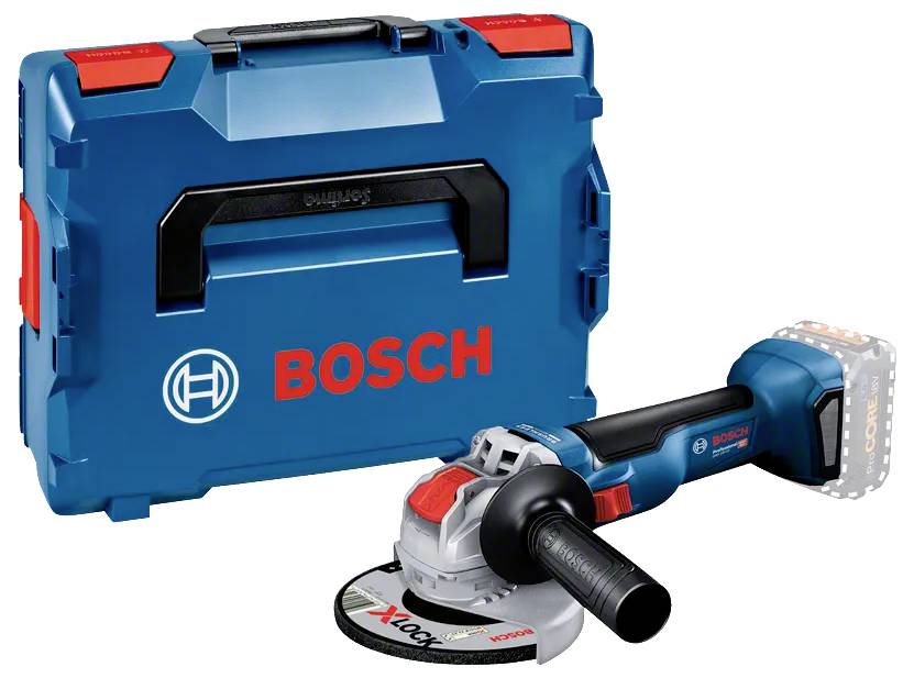 Meuleuse d'angle sans fil Bosch avec un coffret de transport, présentée en angle montrant son disque et sa poignée. Le nom de marque 'BOSCH' est visible.