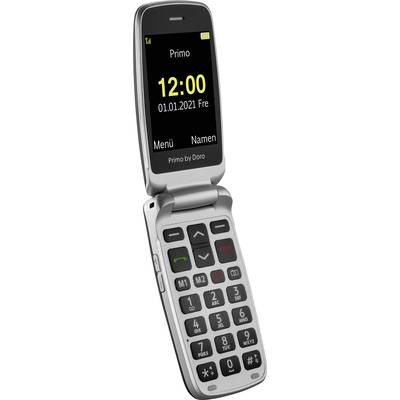 Téléphone portable à clapet argenté avec touches larges, affichage indiquant '12:00, 01.01.2021, Ven'. En haut 'Menu' et 'Contacts'. Idéal pour les seniors.