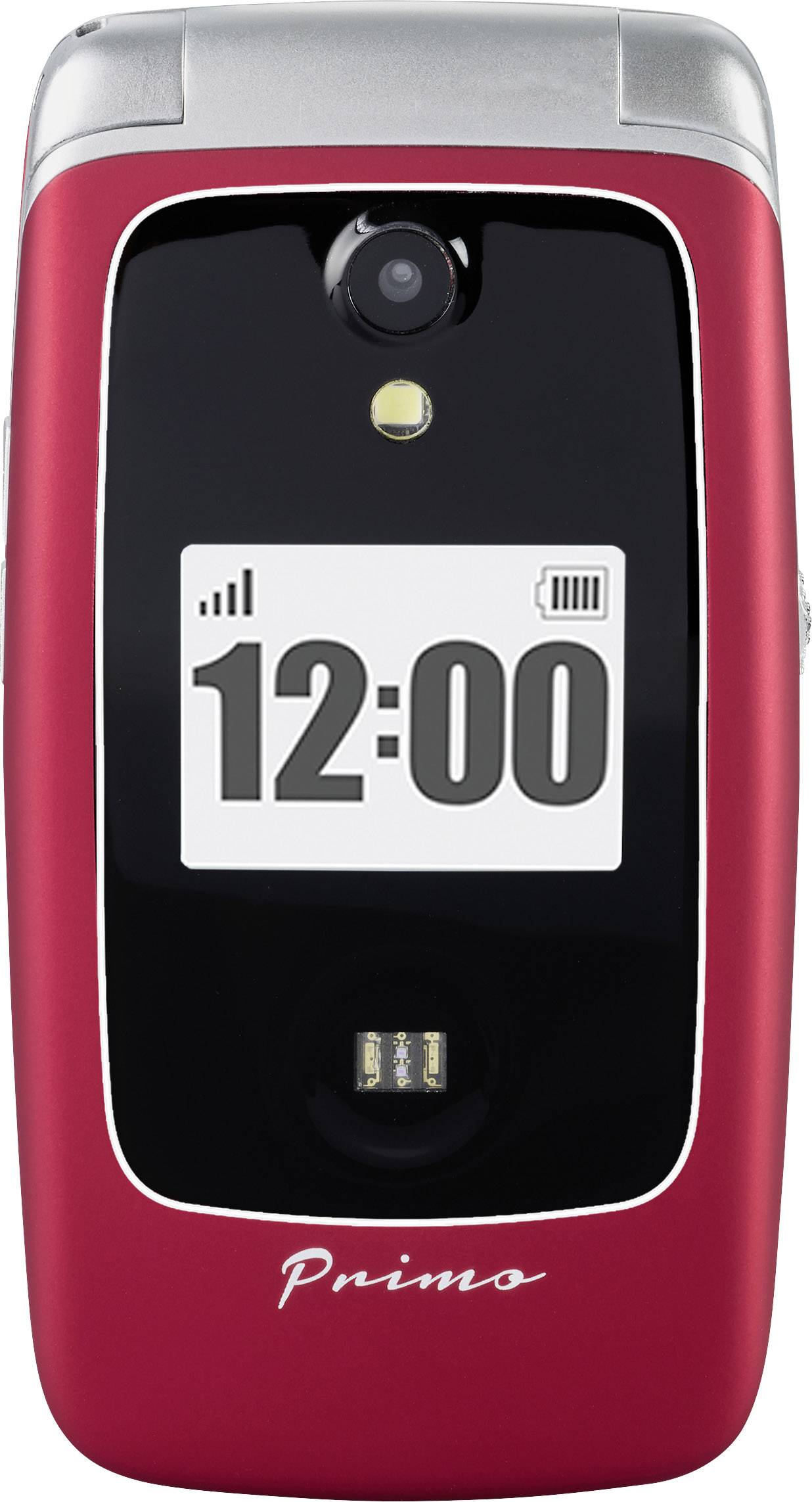 Un téléphone portable rouge à clapet avec un affichage extérieur indiquant '12:00', une caméra en haut et le nom de marque 'Primo' en bas.