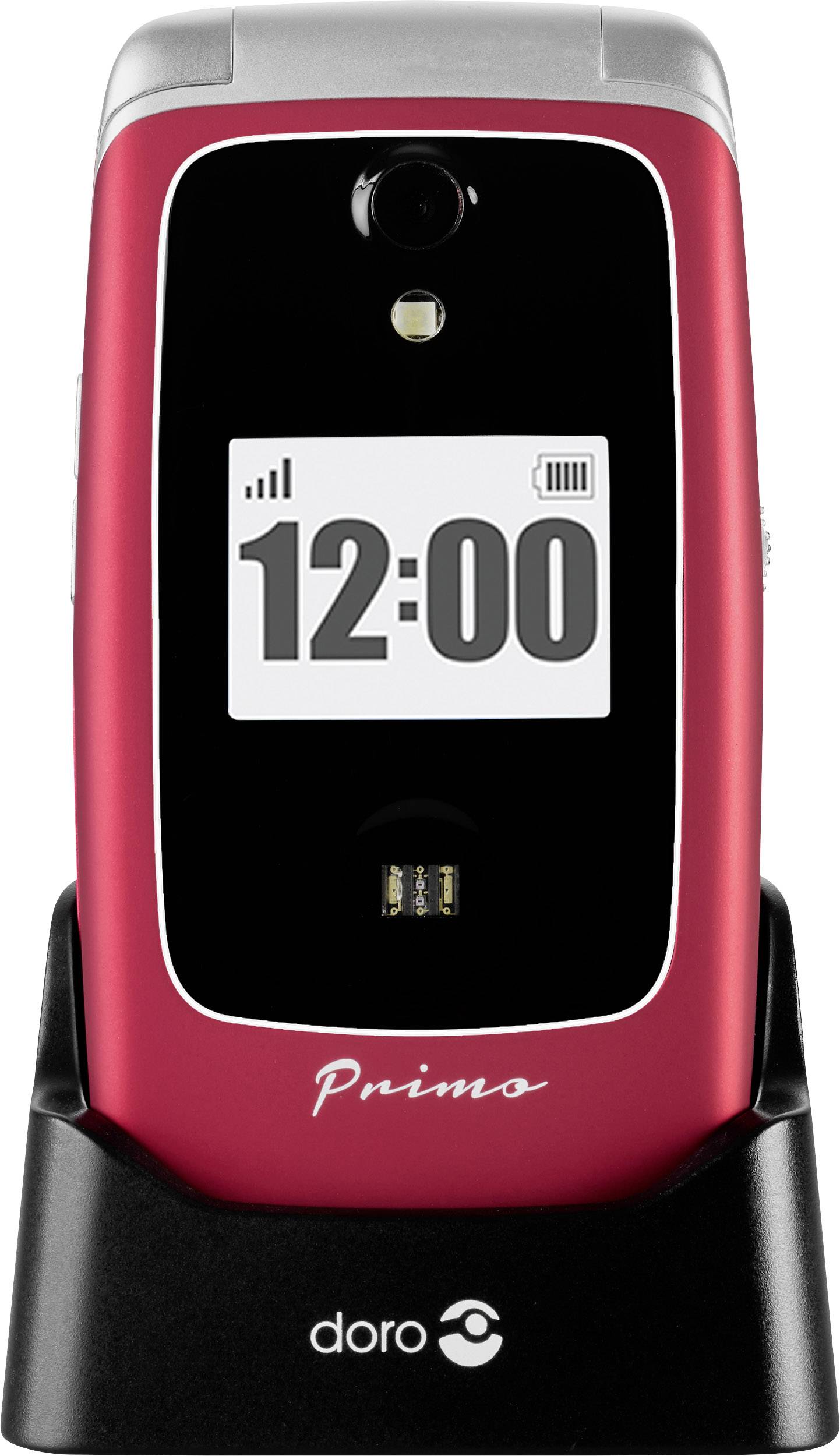 Un téléphone portable rouge à clapet dans une station de charge affiche l'heure '12:00' sur son écran. Une caméra est visible en haut.