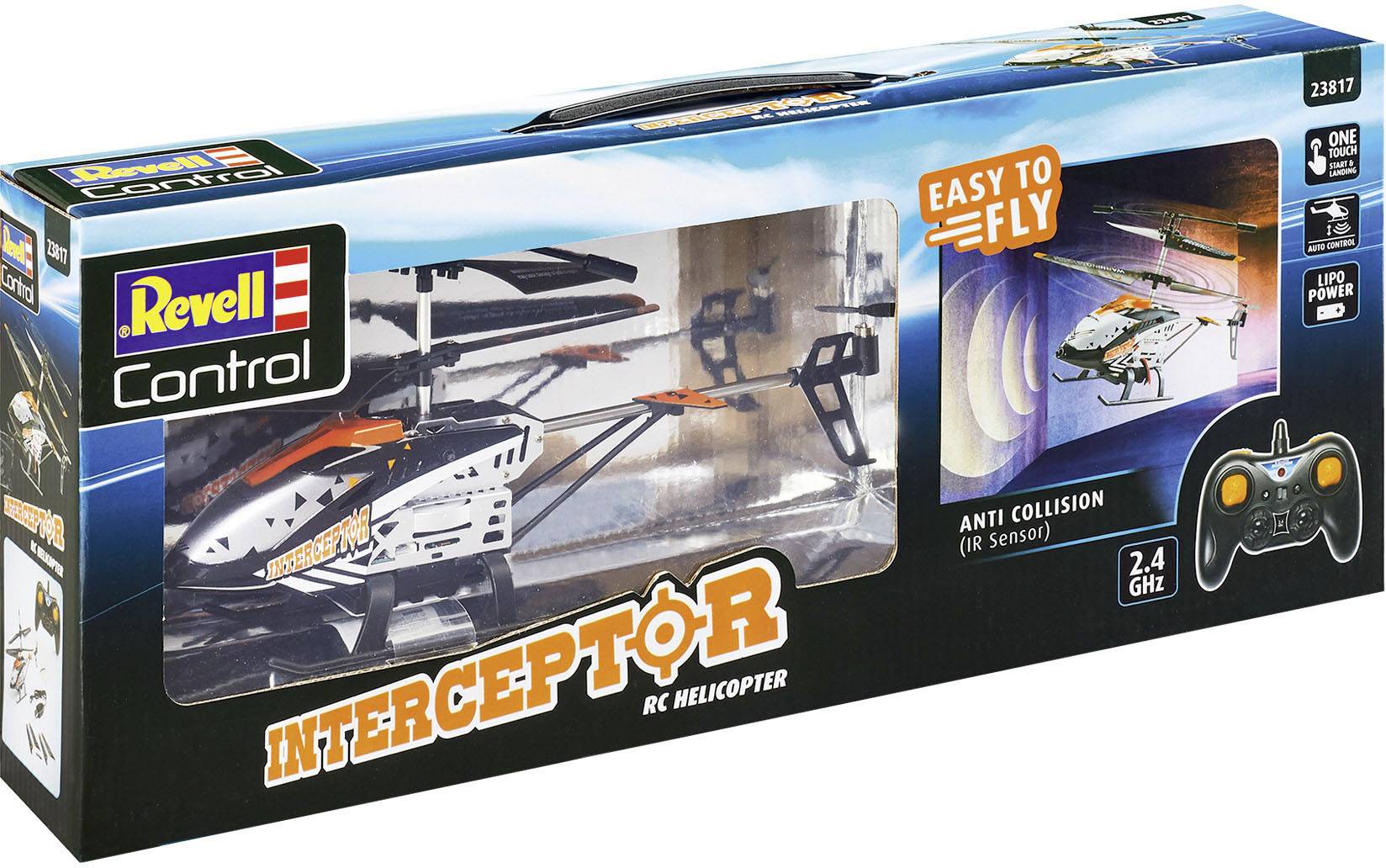 'Revell Control Interceptor' Emballage d'hélicoptère télécommandé avec illustration de l'hélicoptère et de la télécommande. Texte : 'Facile à piloter', 'Anti-collision'.