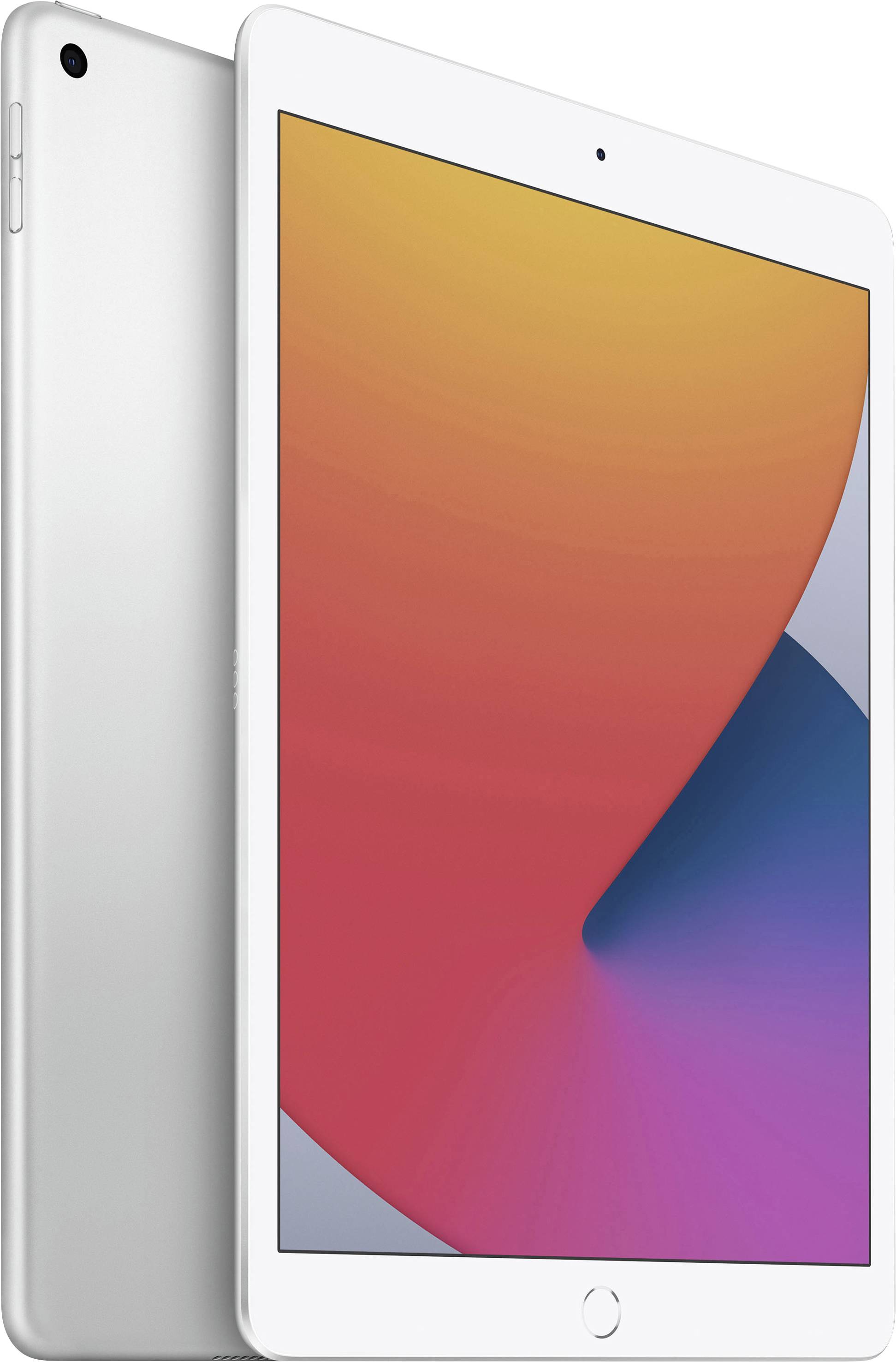 Une tablette avec un boîtier argenté et un écran coloré affichant un design abstrait.