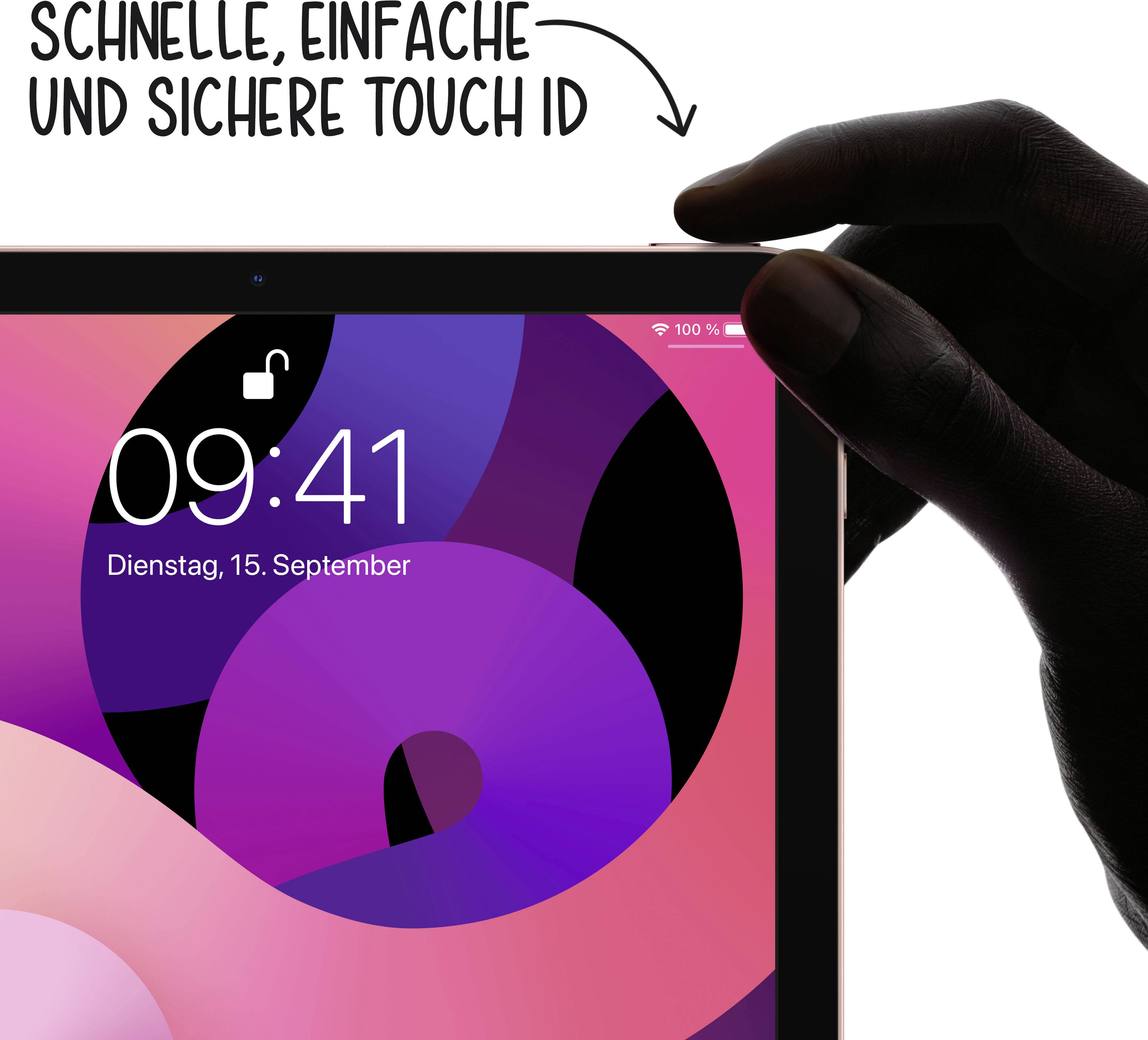 Une tablette avec un arrière-plan géométrique. Une main tient l'appareil. En haut, il est écrit « Touch ID rapide, simple et sécurisé ».