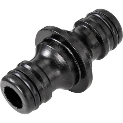 Adaptateur de tuyau de jardin en plastique noir avec deux extrémités servant à connecter des tuyaux.
