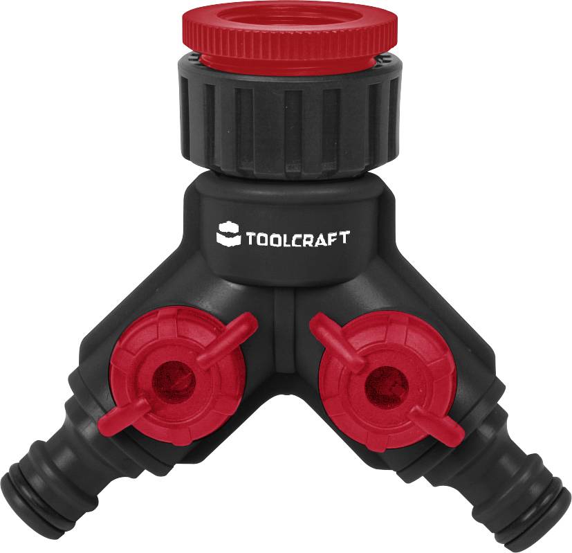 Adaptateur en Y noir et rouge pour tuyaux d'arrosage, équipé de deux vannes permettant une régulation individuelle de l'eau.