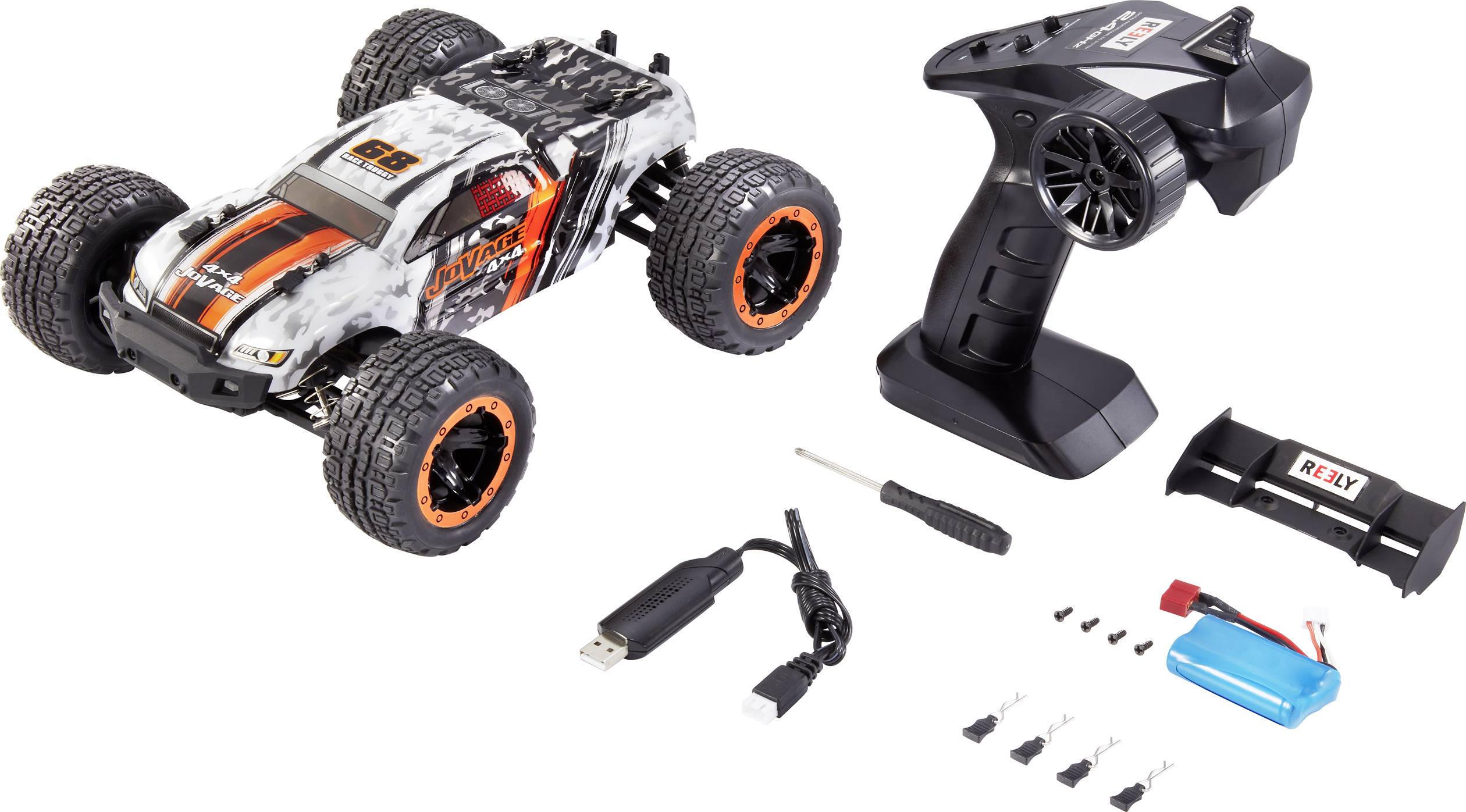 Voiture télécommandée de style monster truck avec télécommande et accessoires, comprenant batterie, câble de chargement USB, tournevis et pièces de rechange.