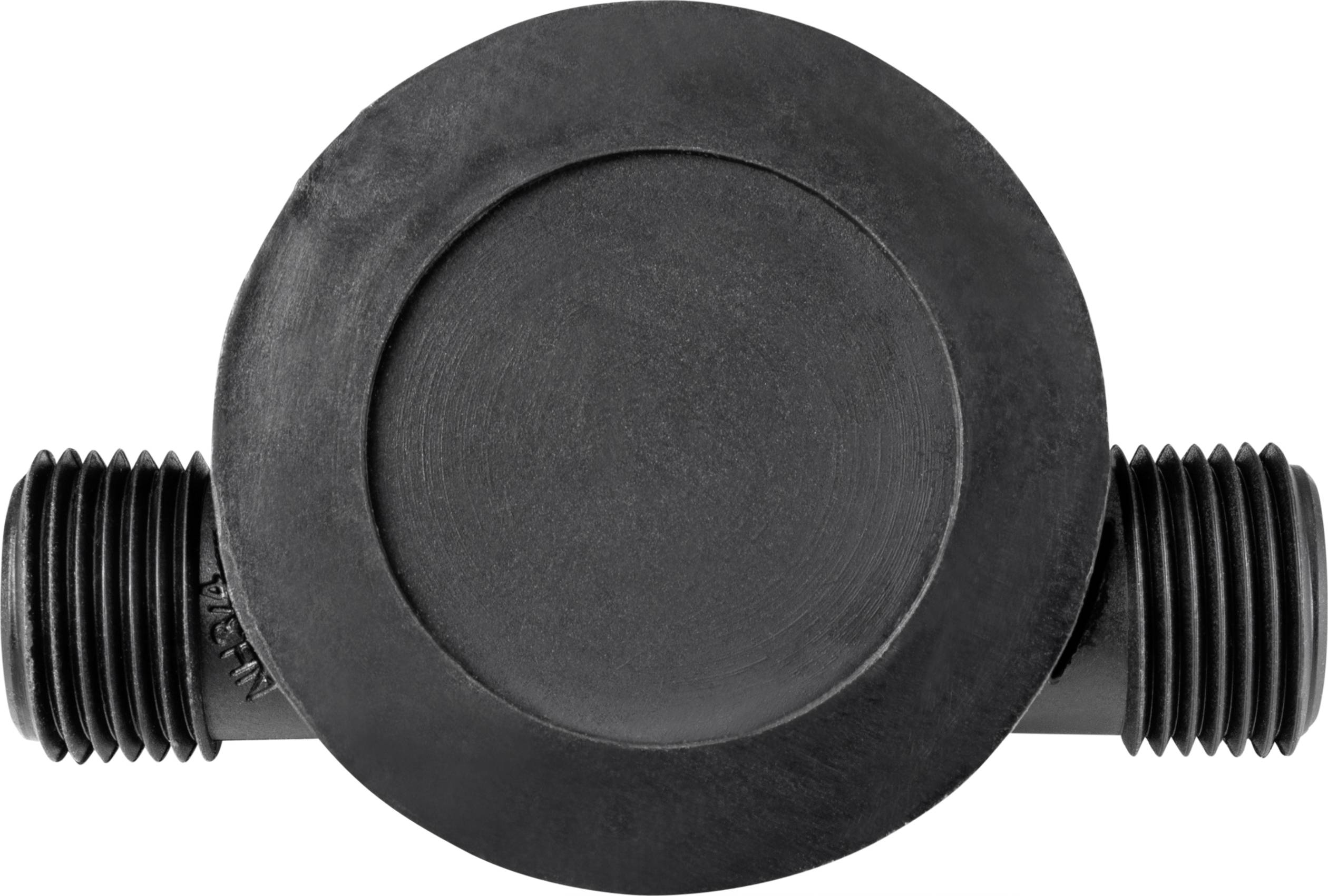 Pièce en plastique noir, ronde, munie de deux goujons filetés sur les côtés. Sert d'élément de connexion dans des applications mécaniques.