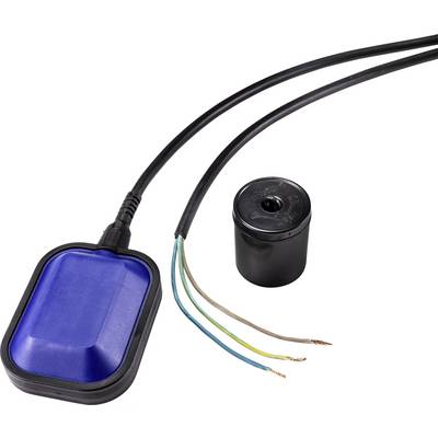 Un interrupteur à flotteur bleu avec trois câbles colorés, relié à un boîtier cylindrique noir. Adapté pour les capteurs de niveau d'eau.