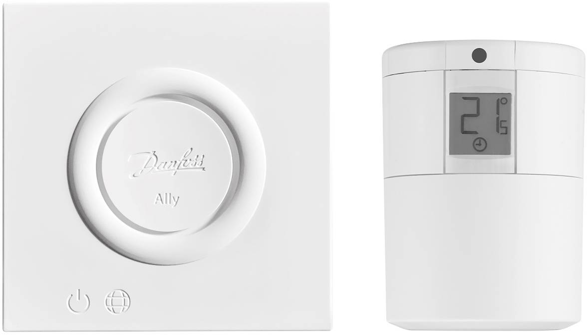 Thermostat d'ambiance avec affichage numérique '21°C' et une unité dotée d'un bouton de commande ; utilisé pour réguler la température de la pièce.