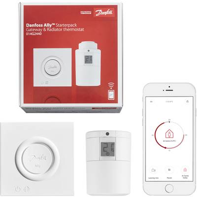 Pack de démarrage Danfoss Ally avec passerelle et thermostat de radiateur, illustré avec l'application mobile pour un contrôle de chauffage confortable.