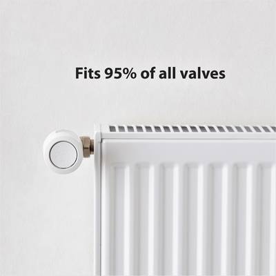 Un radiateur avec une valve à gauche. Texte au-dessus : 'Compatible avec 95% de toutes les vannes'.