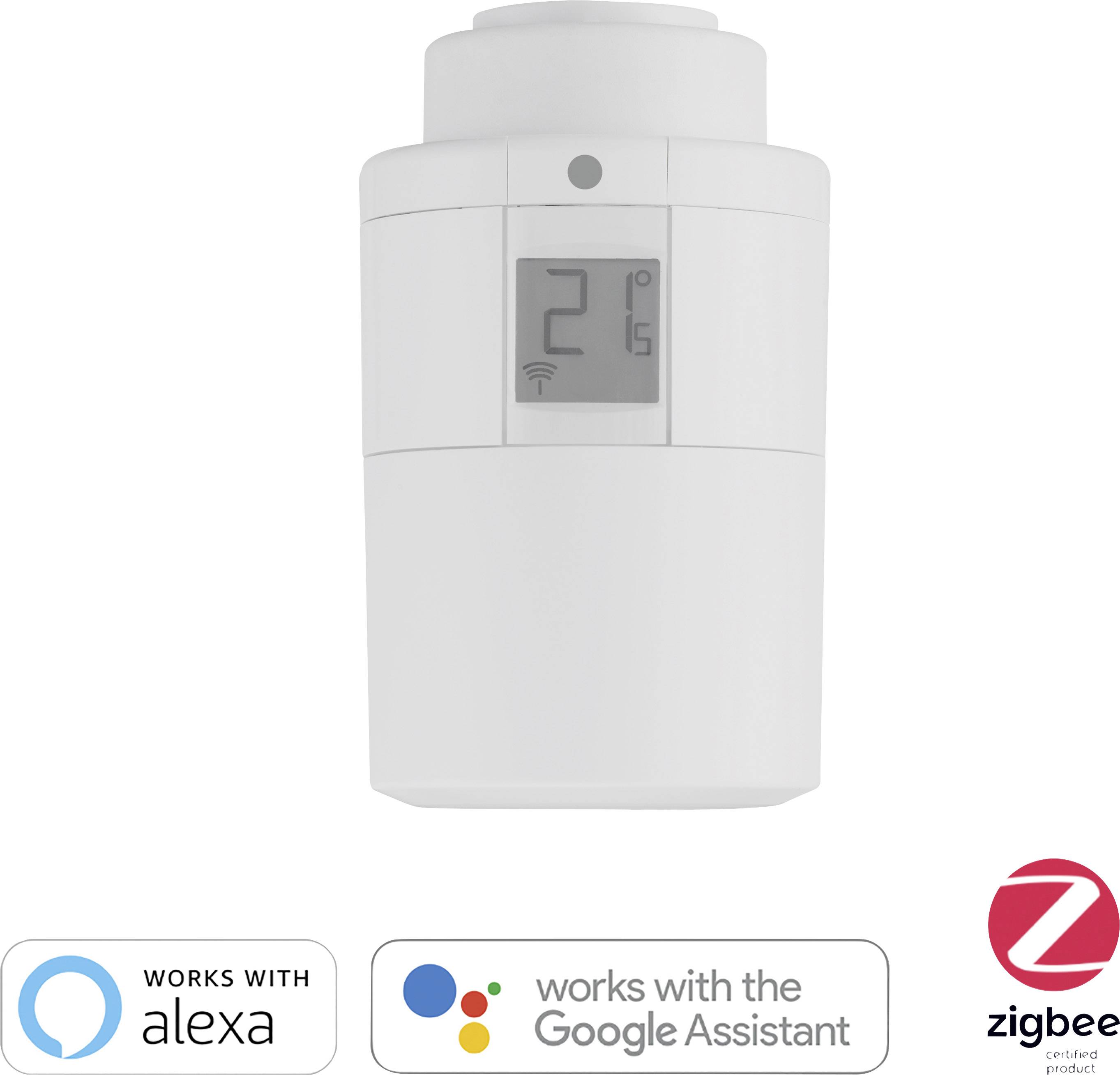 Un thermostat de radiateur intelligent blanc avec écran digital affichant 21 degrés Celsius. Compatible avec Alexa et Google Assistant ; certifié Zigbee.