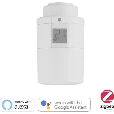 Un thermostat de radiateur intelligent blanc avec écran digital affichant 21 degrés Celsius. Compatible avec Alexa et Google Assistant ; certifié Zigbee.