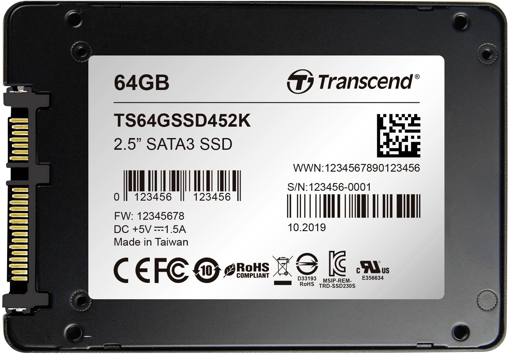 Une SSD Transcend de 64 Go, format 2,5" SATA3, avec le numéro de modèle TS64GSSD452K, fabriquée en 2019. Contient des informations telles que le numéro de série et la tension d'alimentation.
