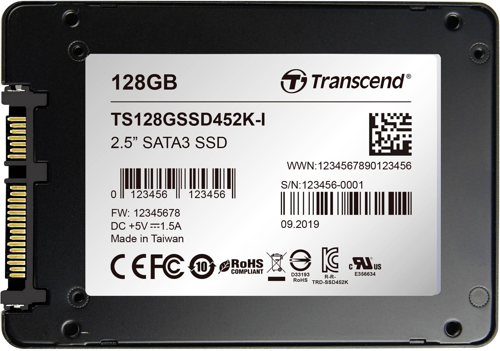 Une SSD Transcend de 128 Go, format 2,5" SATA3, modèle TS128GSSD452K-I, avec numéro de série et données de fabrication sur l'étiquette.