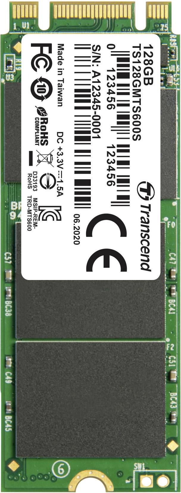 Une SSD M.2 de Transcend avec une capacité de 128 Go. Le devant présente différents marquages et numéros de série.