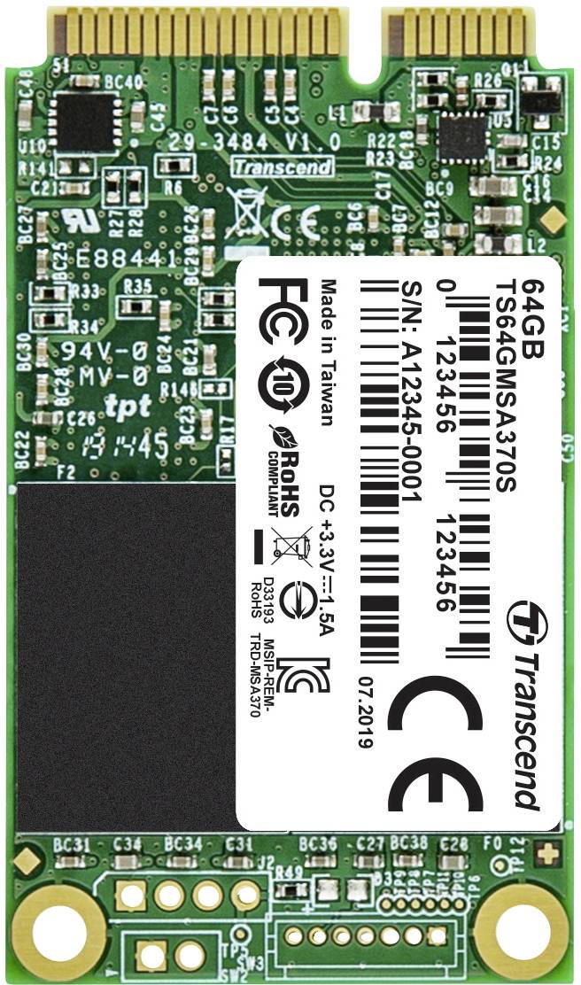 Une SSD mSATA Transcend de 64 Go avec le numéro de modèle TS64GMSA370S. La carte mère présente des composants électroniques et des connecteurs.