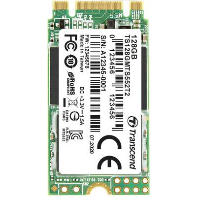Transcend M.2 SSD de 128 Go avec étiquette indiquant la capacité, le numéro de modèle « TS128G », le numéro de série « A12345-0001 » et les détails de fabrication.