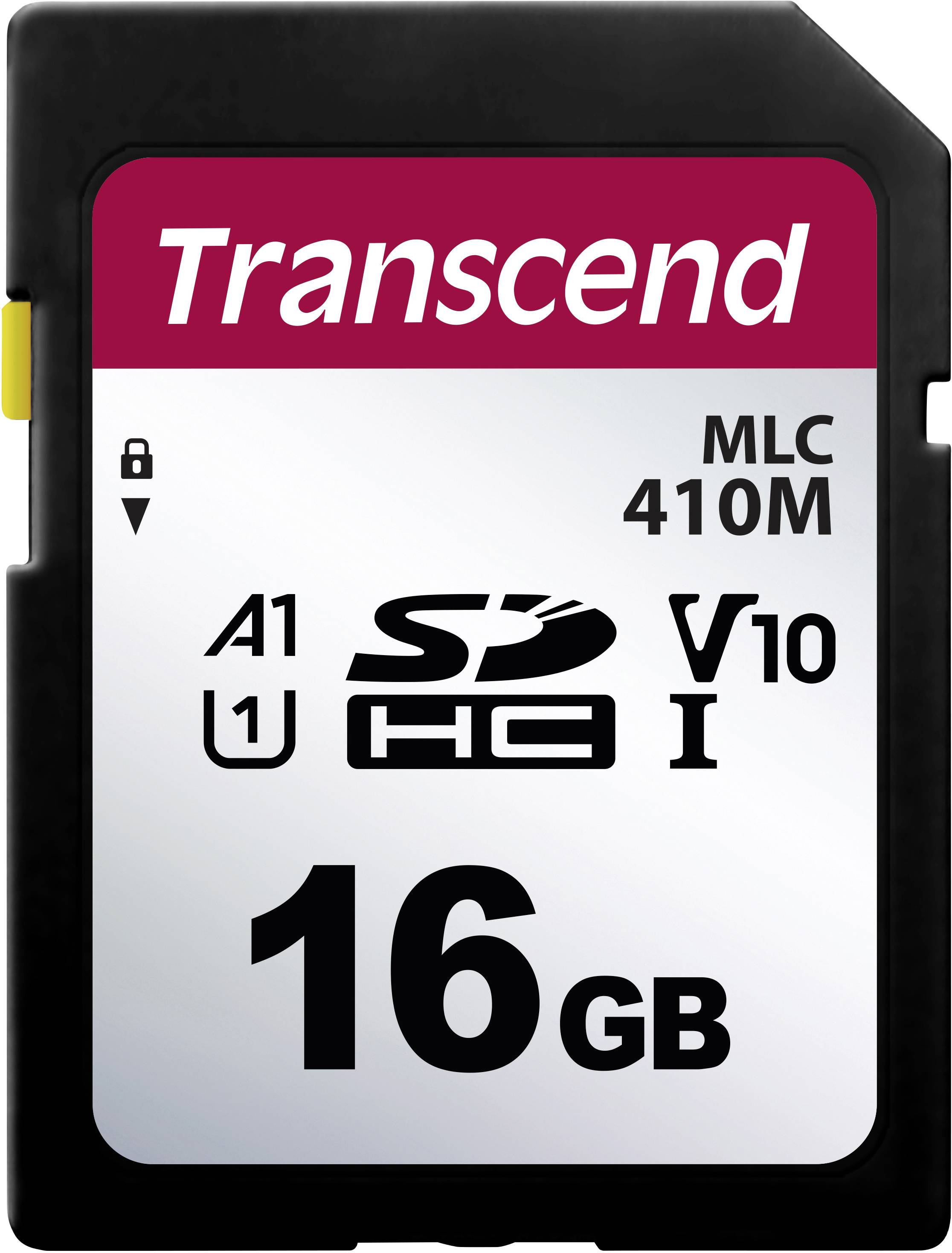 Une carte SD de 16 Go de la marque Transcend avec les classes de vitesse A1, U1, V10 et MLC 410M.