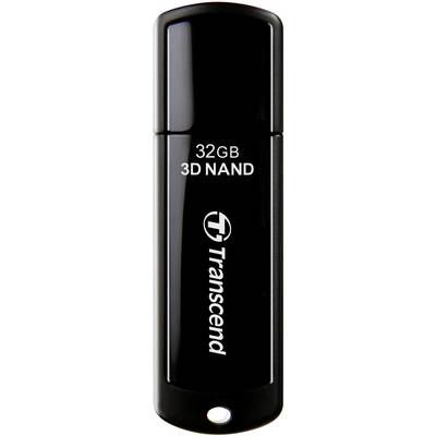Une clé USB noire portant l'inscription « 32 Go 3D NAND » et « Transcend ».