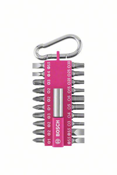 Un ensemble de embouts de tournevis magnétiques de différentes tailles, rangés sur un support rose avec un mousqueton.