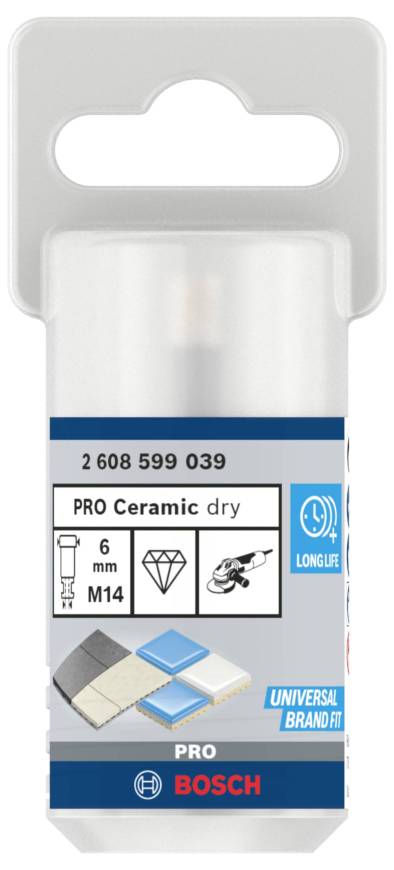 Emballage de foret Bosch pour PRO Ceramic dry, 6 mm, M14, adapté pour carrelage et céramique. Conçu pour une durée de vie prolongée.