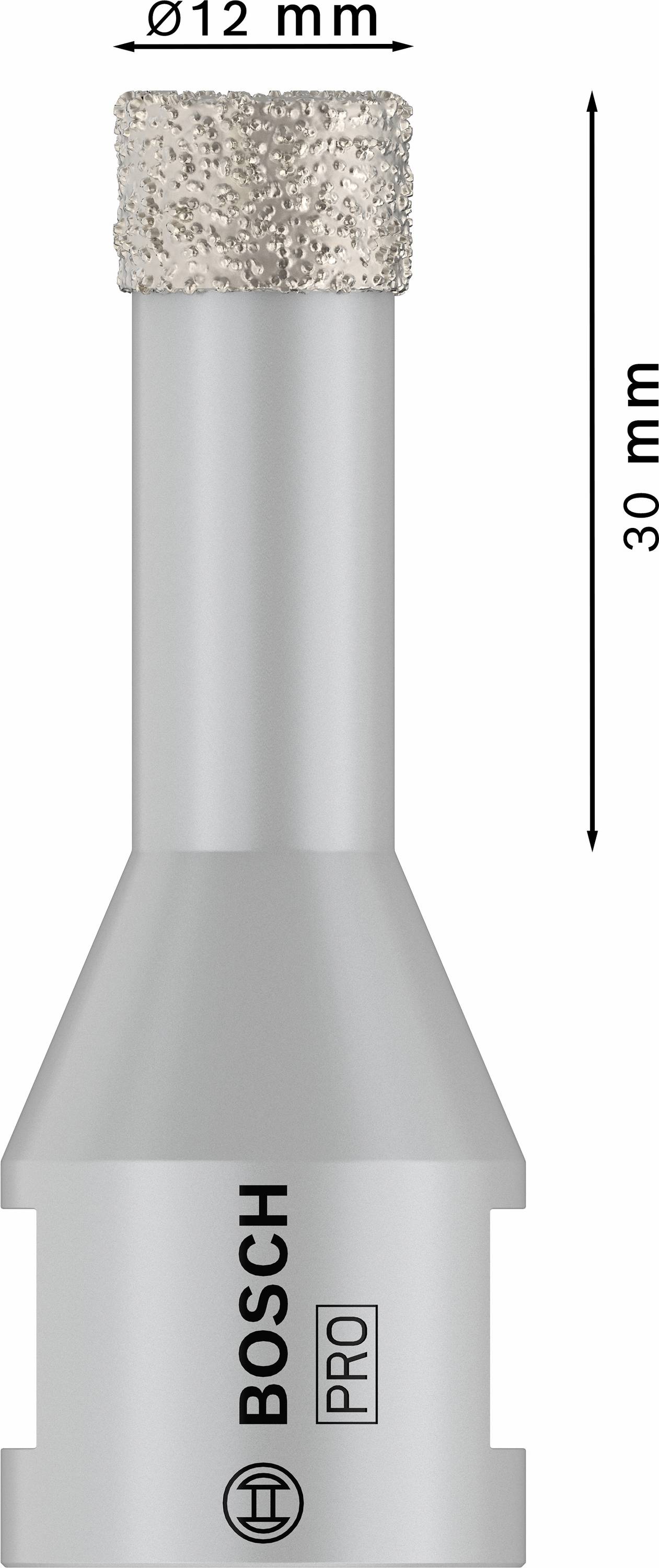 Couronne de perçage en métal de 12 mm de diamètre et 30 mm de longueur, nom de marque 'Bosch Pro' visible.
