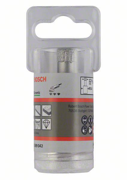 Emballage d'un foret diamanté de Bosch, adapté à la céramique. Contient le logo de l'entreprise et les spécifications du produit.