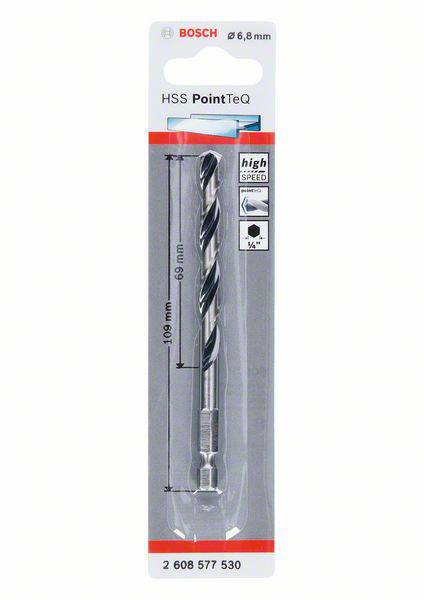 'Foret HSS PointTeQ de Bosch, diamètre de 6,8 mm, longueur de 109 mm, adapté aux grandes vitesses, en emballage blister.'