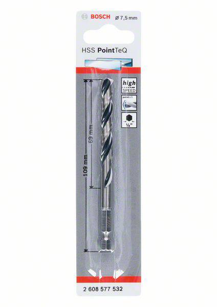 Emballage d'un foret hélicoïdal Bosch HSS PointTeQ, diamètre 7,5 mm, adapté aux vitesses élevées et aux applications de perçage standard.