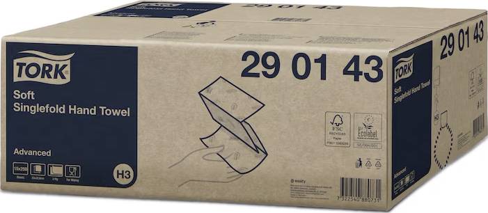 Un emballage brun portant l'inscription 'Tork Soft Singlefold Hand Towel'. Une serviette en papier unique est représentée, en train d'être sortie de l'emballage.