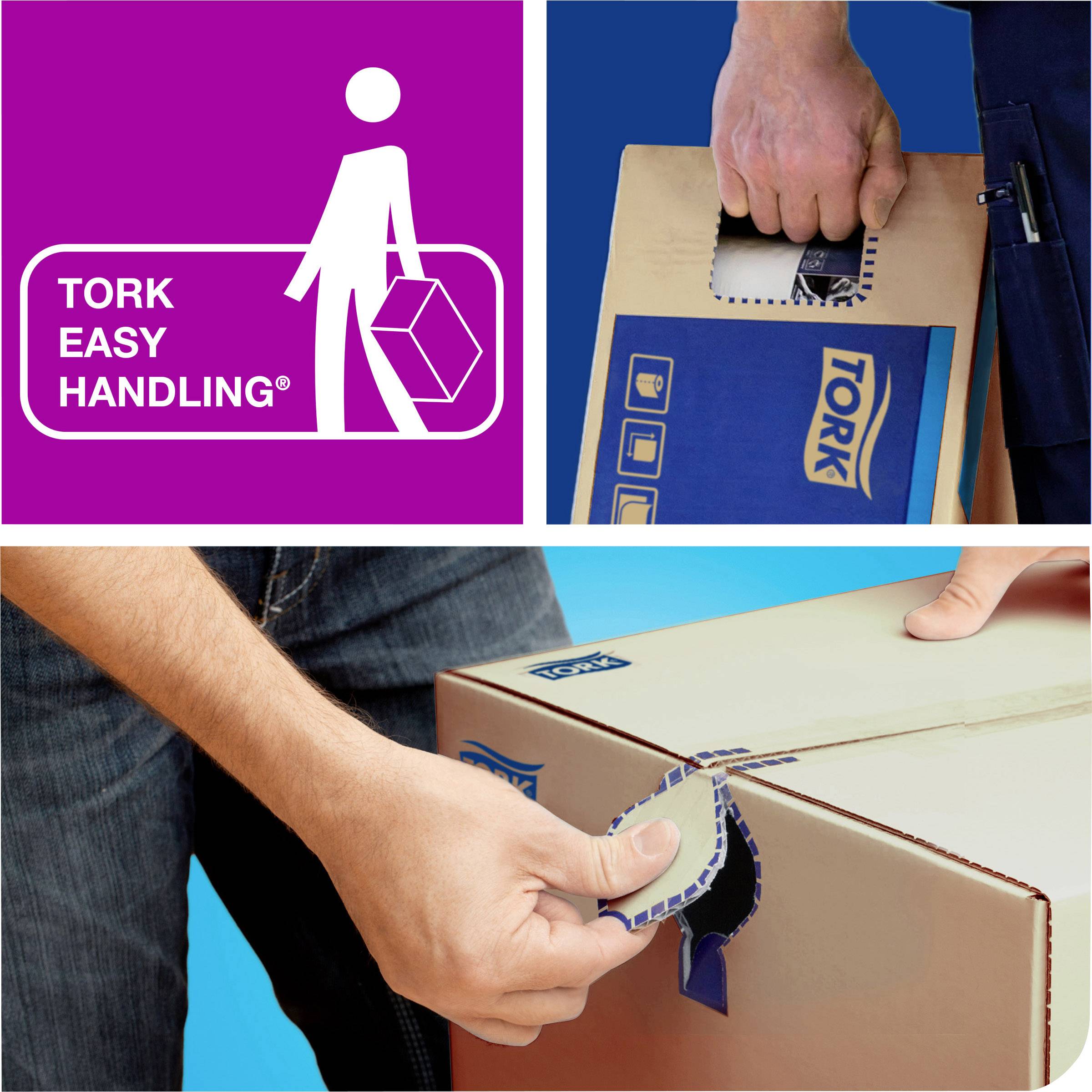 Une personne transporte un carton portant l'inscription 'Tork Easy Handling'. Le carton dispose de poignées intégrées pour faciliter le transport.