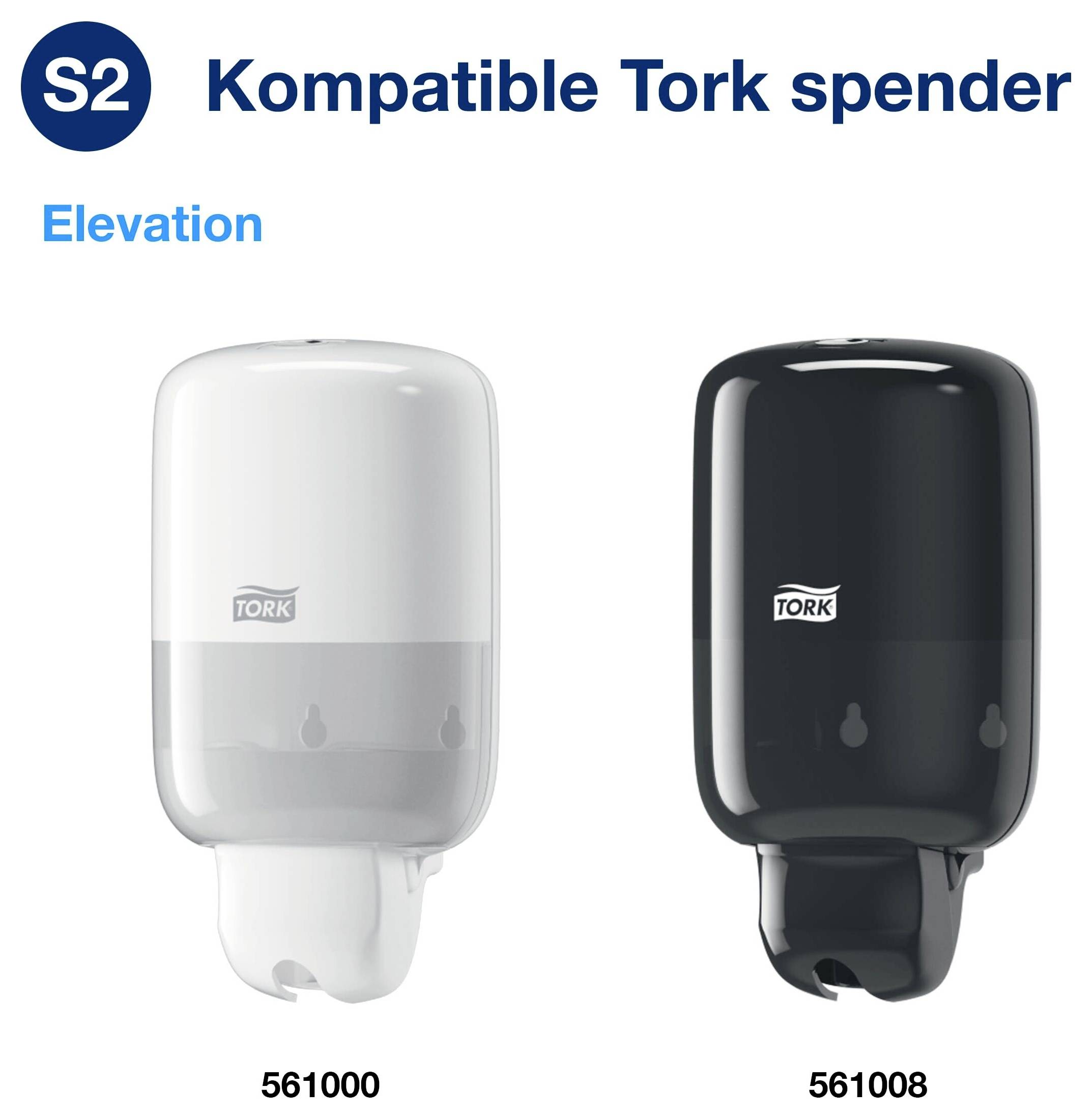 Deux distributeurs de savon Tork S2 en blanc et noir, vue de face ; étiquettes « Distributeurs Tork compatibles » et numéros d'article 561000 et 561008.