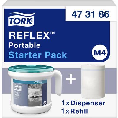 'TORK REFLEX Pack de démarrage portable' présente un distributeur et un rouleau de recharge. Numéro d'article 47 31 86, modèle M4.