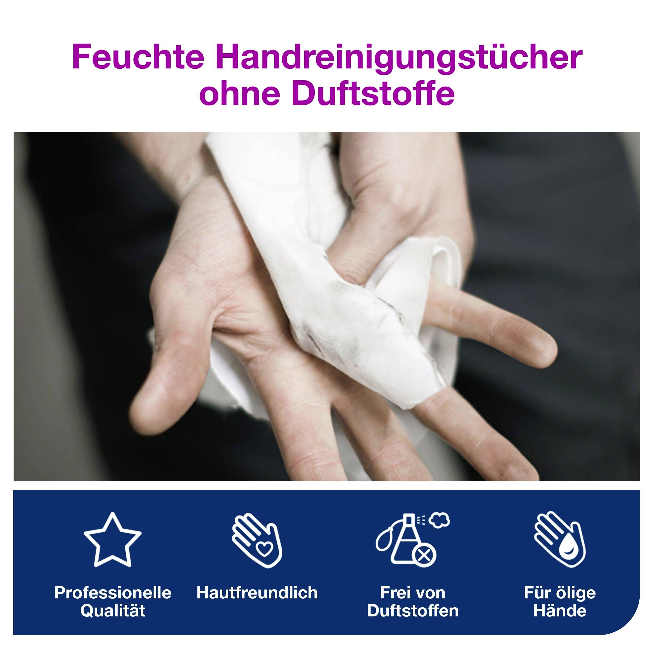 "Lingettes de nettoyage pour les mains sans parfum". Une personne nettoie ses mains avec un chiffon. Les symboles en bas décrivent les caractéristiques de qualité.