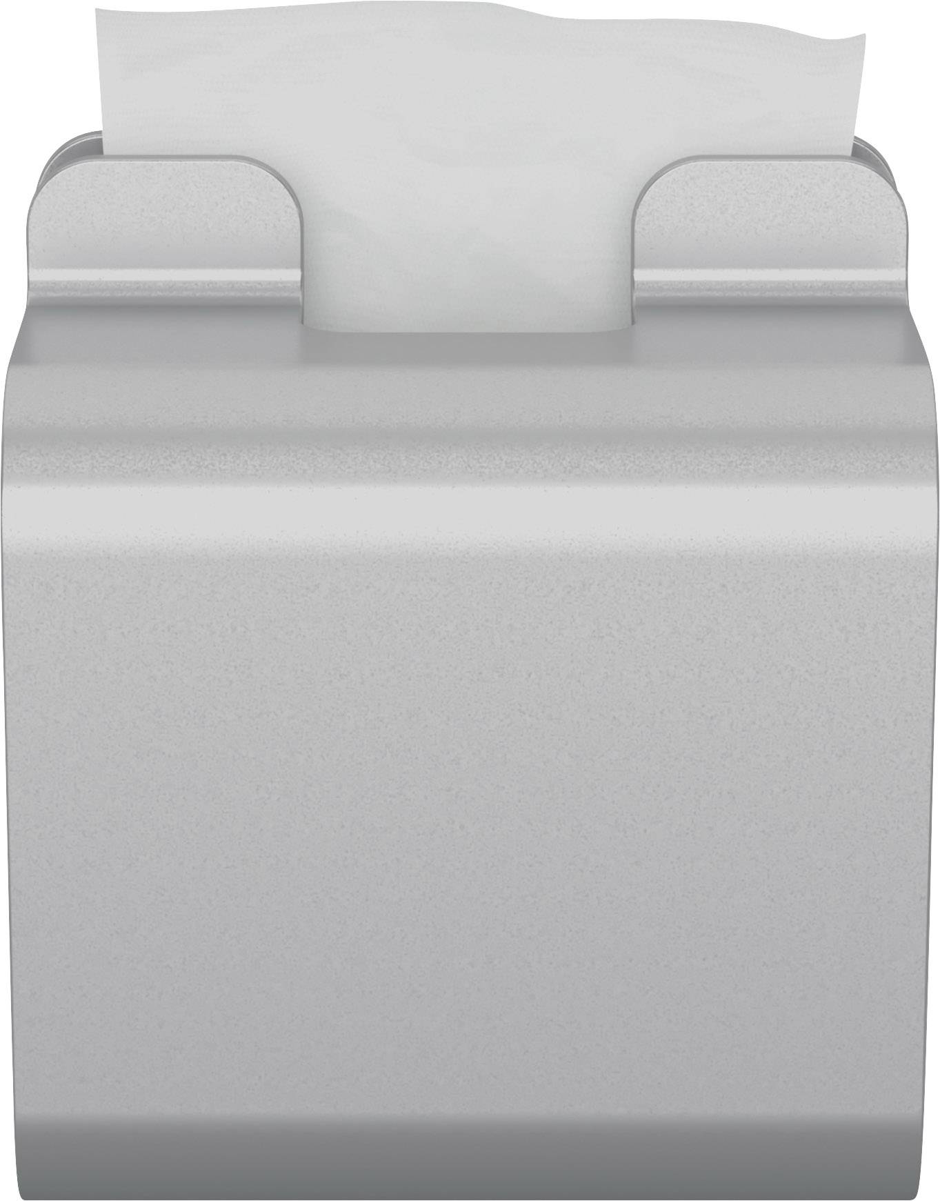 Distributeur de serviettes métallique avec un essuie-papier blanc tiré, fixé au mur.
