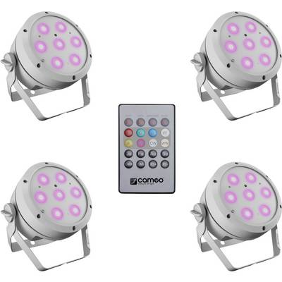 Quatre projecteurs LED circulaires émettant une lumière rose délimitent une télécommande au centre, dotée de touches de différentes couleurs et intensités.