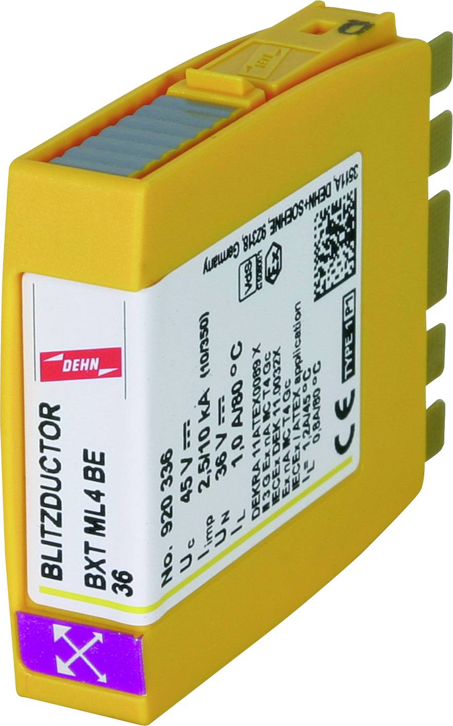Module de protection jaune 'BLITZDUCTOR BXT ML4 BE' avec spécifications techniques sur l'étiquette, pour la protection contre la foudre et les surtensions.