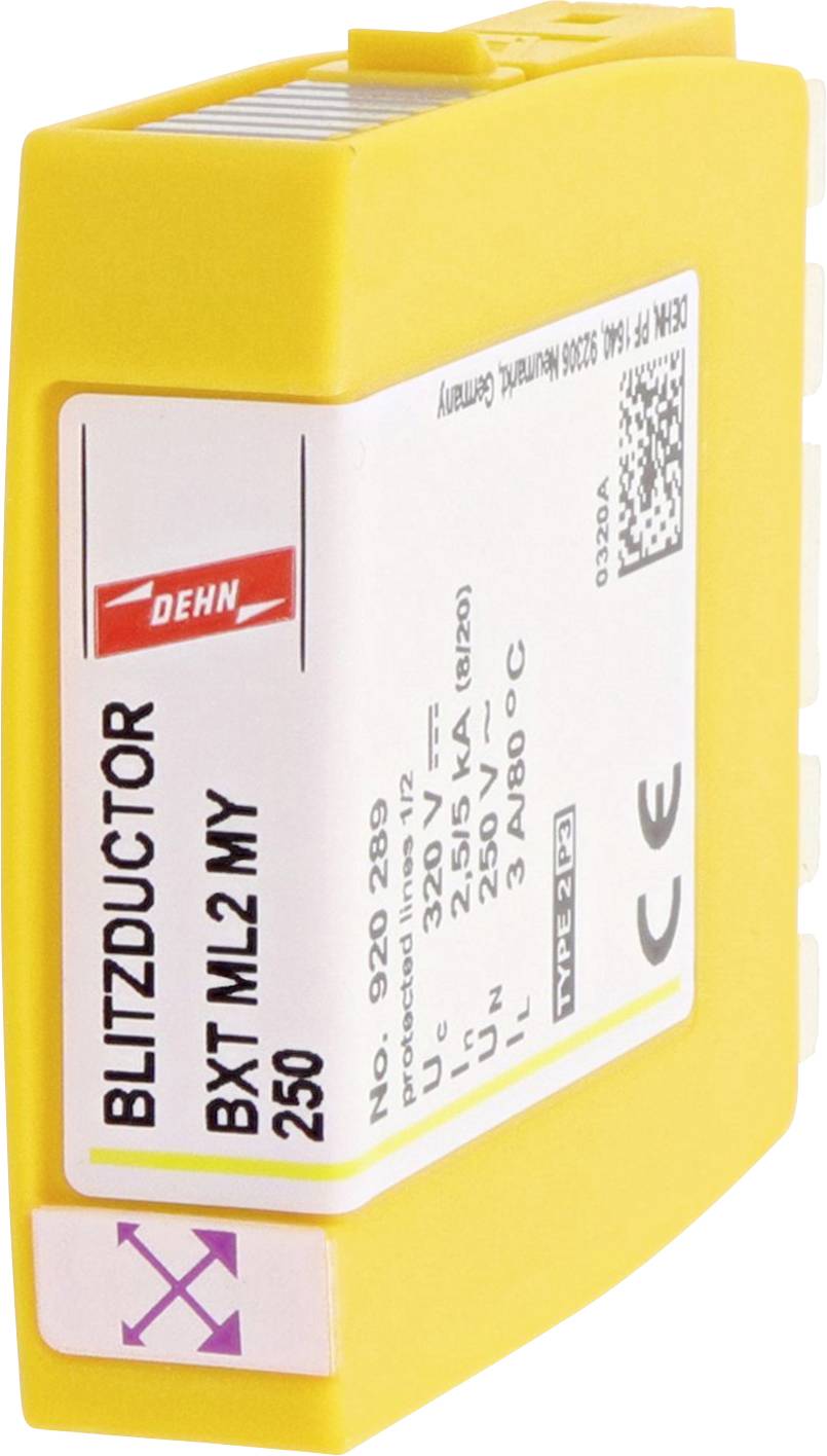 Boîtier jaune d'un 'DEHN BLITZDUCTOR BXT ML2 MY 250', composant de protection contre les surtensions avec détails techniques et marquage CE.