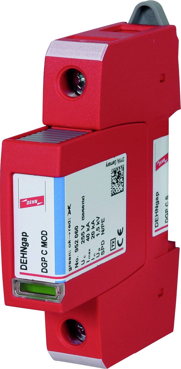 Parafoudre DEHN, modèle DG-P-C MOD 275, avec fenêtre de visualisation verte et rouge.