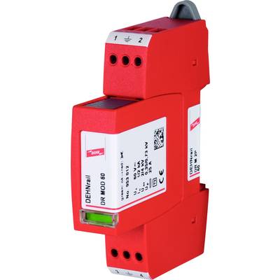 Un dispositif électrique de protection de couleur rouge, rectangulaire, avec étiquette et bornes de connexion, utilisé pour la protection contre les surtensions dans les installations électroniques.