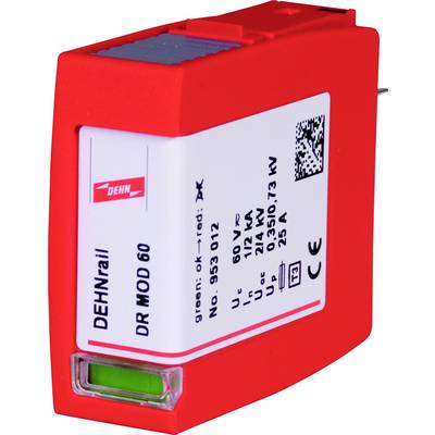 Dispositif de protection contre les surtensions DEHNrail DR MOD 60. Boîtier rouge avec indicateur vert. Protection pour 60V, max. 25A.